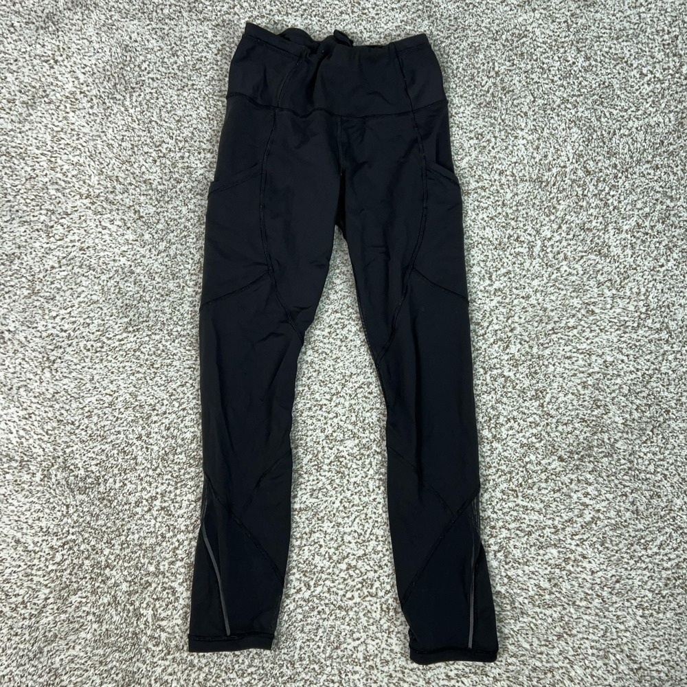 Lululemon Pants Womens 6 Black Ankle Leggings Pockets Reflective Run Sport Yoga